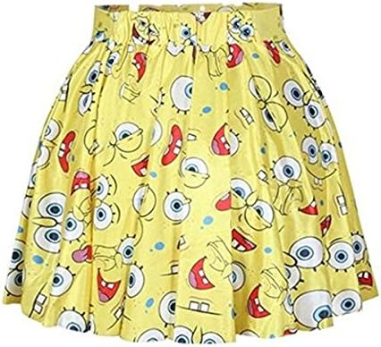 DG GOLD Women's Lovely Drape High Waist Plain Pleated Flared Skate Mini Skirt (SpongeBob B)