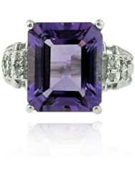14k White Gold Amethyst Rectangle Cut Gemstone and Diamond Ring, Birthstone of February