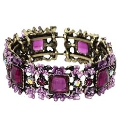 Hand Painted Purple Flower and Purple Square Crystal Stretch Fashion Bracelet