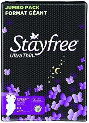 Stayfree Ultra Thin Pads for Women with Wings, Overnight - 40 Count x Multipack of 5