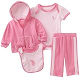 U.S. POLO ASSN. Baby-Girls Newborn Four Piece Creeper Pant Gift Set, Pink, 0-3 Months