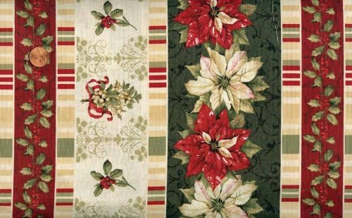 'Tis the Season' Repeating Stripes Christmas Poinsettias and Holly on Cotton Fabric By the Yard