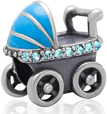 Charmstar Baby Carriage Charm with Australian Crystals Authentic 925 Sterling Silver Bead for European Snake Chain Bracelet (Aquamarine Color)