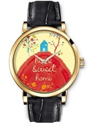 SPRAWL Aanalog Fashion Series Gold Ladies Watches of Genuine Black Leather Strap,Unique Wrist Watch for Women Girls Designed with Have sweet home