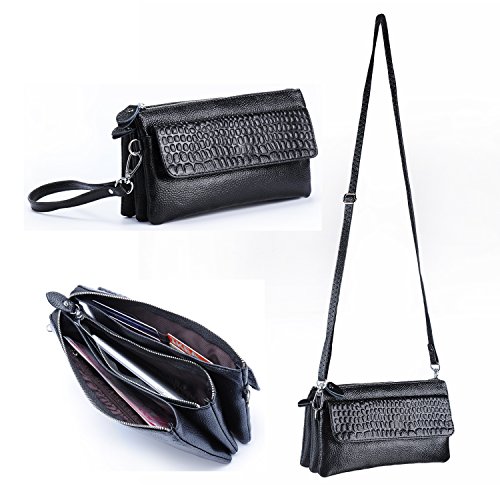 Gottowin Women's Leather Purse Wallet Clutch Handbag Cross-body Bag Organizer w/ Wrist Strap +Card Holder (9-Inch,fit iPhone 6 Plus, Black)