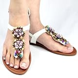 Women's Beaded T-Strap Flat Thong Sandals White , 5.5-10