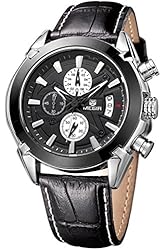 Megir Men Black Military Pilot Multifunction Leather Quartz Wrist Watches