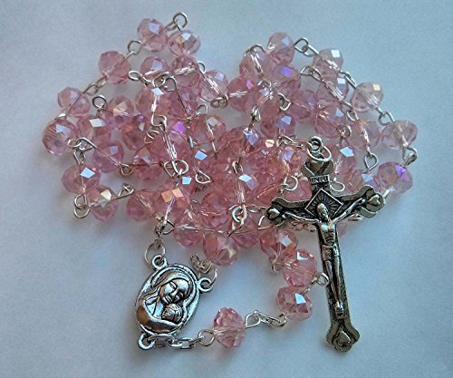 Light pink crystal beads rosary catholic necklace mirac…