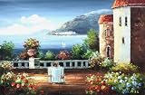 Free Shipping, Impression Mediterranean Landscape / Scenery, Sea View Terrace with Flower Garden, Handmade Oil Painting on Canvas By the Artist of A2Z Fine Arts, Hand Signed, with Certificate of Authenticity, Large Size, 24 X 36, Framed / Stretched / Gallery Wrap, Ready to Hang, Perfect Wall Décor