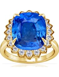 18K Yellow Gold Cushion Cut Blue Sapphire Ring With Sidestones