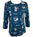Jess & Jane 3/4 Sleeve, Rhinestone Accented, Scoop Neck, 100% Cotton Printed Fashion Top Teal Colored - Wine Country