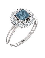 14K White Gold Princess Cut Blue and White Diamond Flower Inspired Ring -- LIFETIME WARRANTY