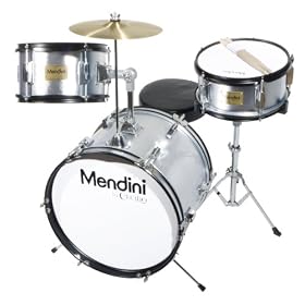 Mendini by Cecilio 3-Piece Silver Junior Drum Set + Cymbals, Drumsticks & Adjustable Throne MJDS-3-SR