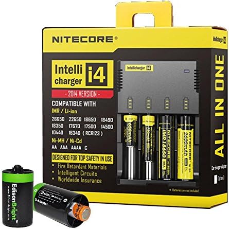 NITECORE i4 (New version) Intellicharge universal smart battery Charger For Li-ion / IMR / Ni-MH/ Ni-Cd 26650 22650 18650 18490 18350 17670 17500 17335 16340 RCR123 14500 10440 AA AAA AAAA C types, with 2 X EdisonBright AA to D type battery spacer/converters