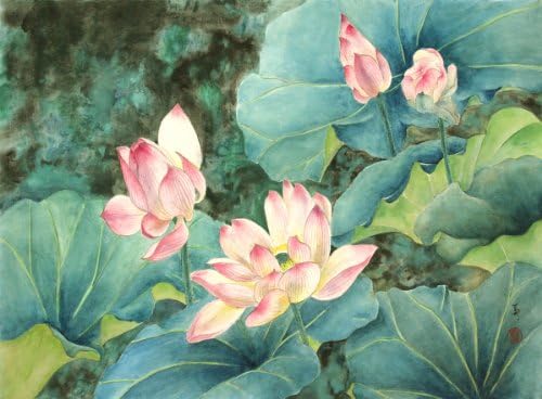 "Land of the Lotus" Beautiful Pink Lotuses in an Oriental Painting, Giclee Print of Original Sumi-e Flower Painting, 22 x 32 Inches
