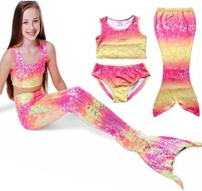 Girl's 3pcs Mermaid Sea-Maid Tankini Marmaid Swimwear Rainbow Fish scale Bikini Set (130 (6), yellow)