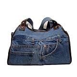 51P3d4%2BP%2BXL. SL160  Blue Denim Carryall Handbag with Genuine Leather made from Vintage, Used Denim