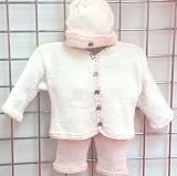 Hand Knitted Crochet Finished Natural Chenille Baby Pink Trim Cardigan Pant Hat Set Trimmed with Antique Brass Teddy Bear Buttons