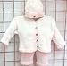 Hand Knitted Crochet Finished Natural Chenille Baby Pink Trim Cardigan Pant Hat Set Trimmed with Ant