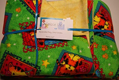 Pocket-2in1-Sheet Cat Stamps with Yellow Flannel 2 in 1 Patented No Slip Reversible Pack n Play Play Yard Fitted Sheet Cover