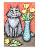 Fluffy Grey Cat With Yellow Tulips Botanical Giclee Poster Print by Jamie Wogan Edwards, 8x10