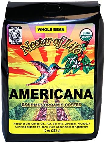 Nectar of Life - AMERICANA - Gourmet, Organic Whole Bean Coffee - 100% Organic and Fair Trade - Medium Roast - 10oz Bag