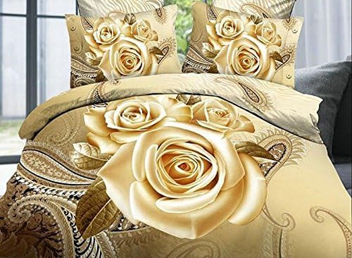 Cozyvie Luxury Champagne Golden Color Rose Flower Printing Bedding Set Polyester Duvet Cover Sets 4 Piece Twin/Extra Long Twin/Full/Queen/King Size (King)