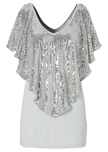 Shawhuaa Womens Sequin Deep V Neck Butterfly Sleeve Top Blouse Shirt