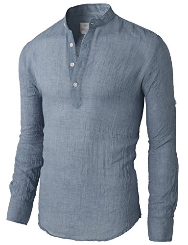 H2H Mens Casual Slim Fit Linen Henley Lightweight Roll-up Sleeve Shirt