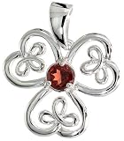 Sterling Silver Celtic Shamrock Flower Pendant, w/ Brilliant Cut Natural Garnet Stone, 1 (25mm) tall