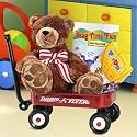 RADIO FLYER MINIATURE RED WAGON GIFT BASKET - INCLUDES 17-inches-tall BOYDS TEDDY BEAR AND FUN GAMES - BRAND NEW