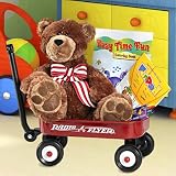 RADIO FLYER MINIATURE RED WAGON GIFT BASKET - INCLUDES 17-inches-tall BOYDS TEDDY BEAR AND FUN GAMES - BRAND NEW
