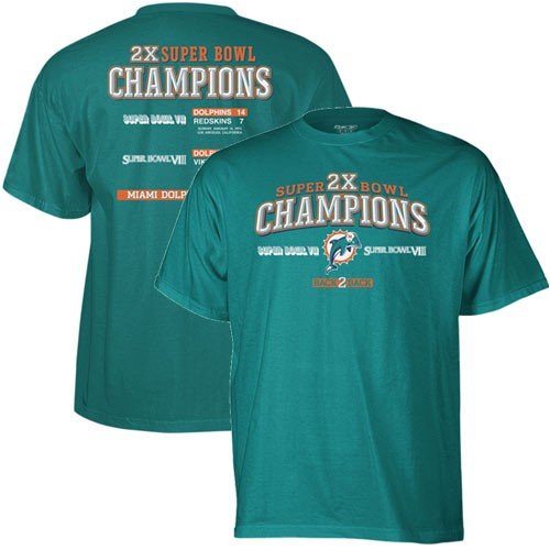 Buy Reebok Miami Dolphins Aqua Two-Time Superbowl Champions T-shirt by Reebok