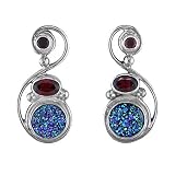 Sterling Silver Caribbean Blue Coated Quartz Druzy & Garnet Earrings by Sajen