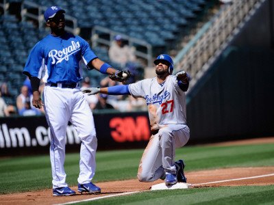 Los Angeles Dodgers v Kansas City Royals, SURPRISE, AZ - MARCH 12: Matt Kemp and Wilson Betemit Photographic Poster Print by Kevork Djansezian, 18x24