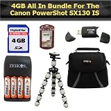 4GB All In Bundle For Canon PowerShot SX130 IS Digital Camera Includes 4GB High Speed SD Memory card + Gripster + USB 2.0 High Speed Card Reader + 4AA (2900 mAH) Rechargable NIMH Baterries And Charger + Deluxe Carrying Case + Clear LCD Screen Protectors