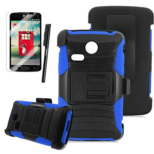 LG Sunrise (LG L15G) / LG Lucky (LG L16G) Phone Case, Luxca (Tm) LG Sunrise (LG L15G) / LG Lucky (LG L16G) (Straight Talk) Xtreme Heavy Duty Hybrid Armor Dual Layer Rhino Kickstand Belt Holster Combo Rugged Case Tuff Verge Dynamic + Stylus Touch Screen Pen (Blue / Black XTM)