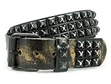 SNAP ON THREE ROW OF PUNK ROCK STAR METAL DISTRESSED BLACK STUDDED LEATHER ANTIQUE HAMMERED BELT