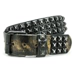 SNAP ON THREE ROW OF PUNK ROCK STAR METAL DISTRESSED BLACK STUDDED LEATHER ANTIQUE HAMMERED BELT