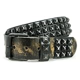 SNAP ON THREE ROW OF PUNK ROCK STAR METAL DISTRESSED BLACK STUDDED LEATHER ANTIQUE HAMMERED BELT Size: L/XL - 40