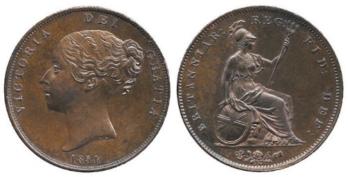 1854 British Penny -- RARE Ornamental Trident Variety -- Fine+ Condition-image