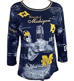 P-Michael Collegiate Apparel Womens Fashion Top, 3/4 Sleeve, Scoop Neck, Vividly Printed in School Colors, School Name Accented in Rhinestones - U of Michigan