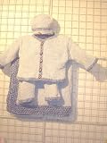 Cpk95bk, Knitted on Hand Knitting Machine Finished By Hand Crochet Blue Chenille Denim Trim Infant Boys Cardigan Pant Hat Set Trimmed with Brown Football Button and Matching Blanket