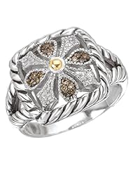 925 Silver, Brown & White Diamond Square Ring w/ 18k Accents (0.10ctw)-Sizes 6-8