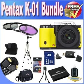 Pentax K-01 16MP APS-C CMOS Compact System Camera With 40mm Lens (Yellow) + Extended Life Battery + 8GB SDHC Class 10 Memory Card + USB Card Reader + Memory Card Wallet + Deluxe Case w/Strap + Shock Proof Deluxe Case + Mini HDMI to HDMI Cable + 3 Piece Professional Filter Kit + Professional Full Siz