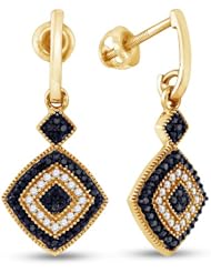 10K Yellow Gold Round Brilliant Cut Black and White Diamond - Diamond Shape Milgrain Channel Set Dangle Earrings with Secure Screw Back Closure - (1/3 cttw.)