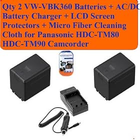 Deluxe Package Includes- Qty 2 Vw-vbk360 Replacement Batteries + Ac/dc Battery Charger + LCD Screen Protectors + Micro Fiber Cleaning Cloth for Panasonic Hdc-tm80 Hdc-tm90 Camcorder