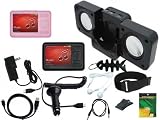 iShoppingdeals - Black/Pink Silicone Case With Armband And Beltclip + Car Charger + AC Travel Charger + USB Data Cable + 3.5mm Audio Cable + Black Speaker + Headphone + Screen Protector + Fishbone Keychain for Creative Zen MX 8GB 16GB