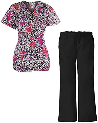 G Med Women's 2 Pieces Printed Scrub Mock Wrap Top and Pant Set