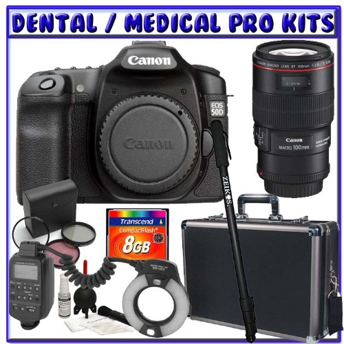 Canon EOS 50D 15.1 Megapixel Digital Camera SLR + Canon EF 100mm f/2.8L IS USM 1-to-1 Macro Lens + Canon MR-14EX Macro Ring Lite + 8GB SDHC + Monopod + Willoughby's Dental/Medical Accessory Package